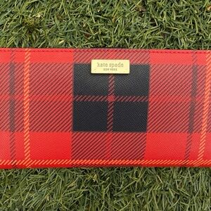 kate spade Red and Black Plaid Continental Wallet with Gold Plaque